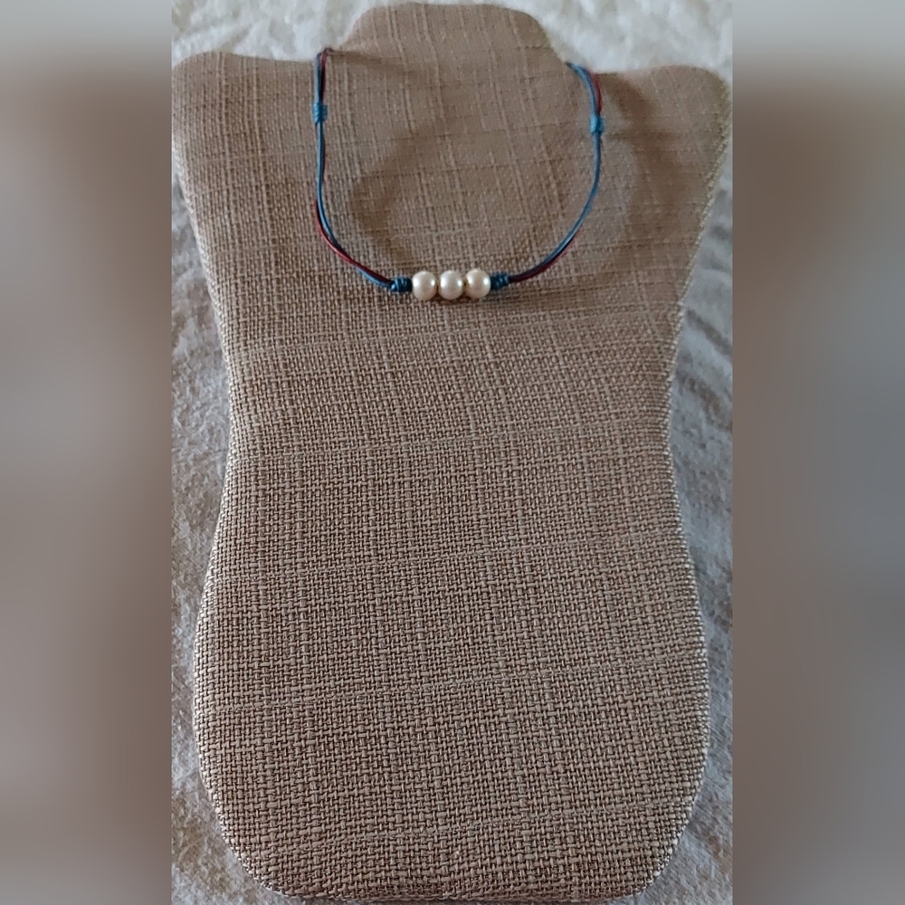 New Handmade White 3 Pearl & Red & Blue 2-Strand Leather Necklace